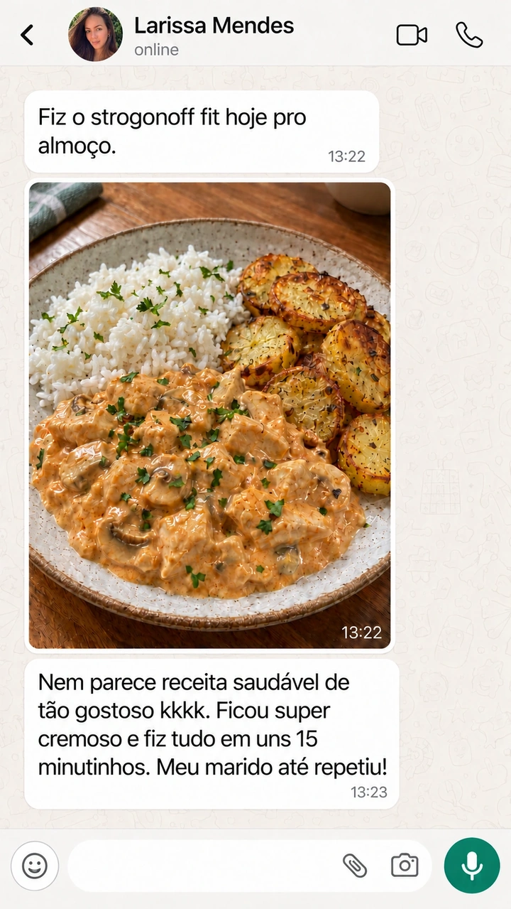 Conversa ilustrativa de Larissa Mendes sobre strogonoff de frango com arroz e batatas em rodelas