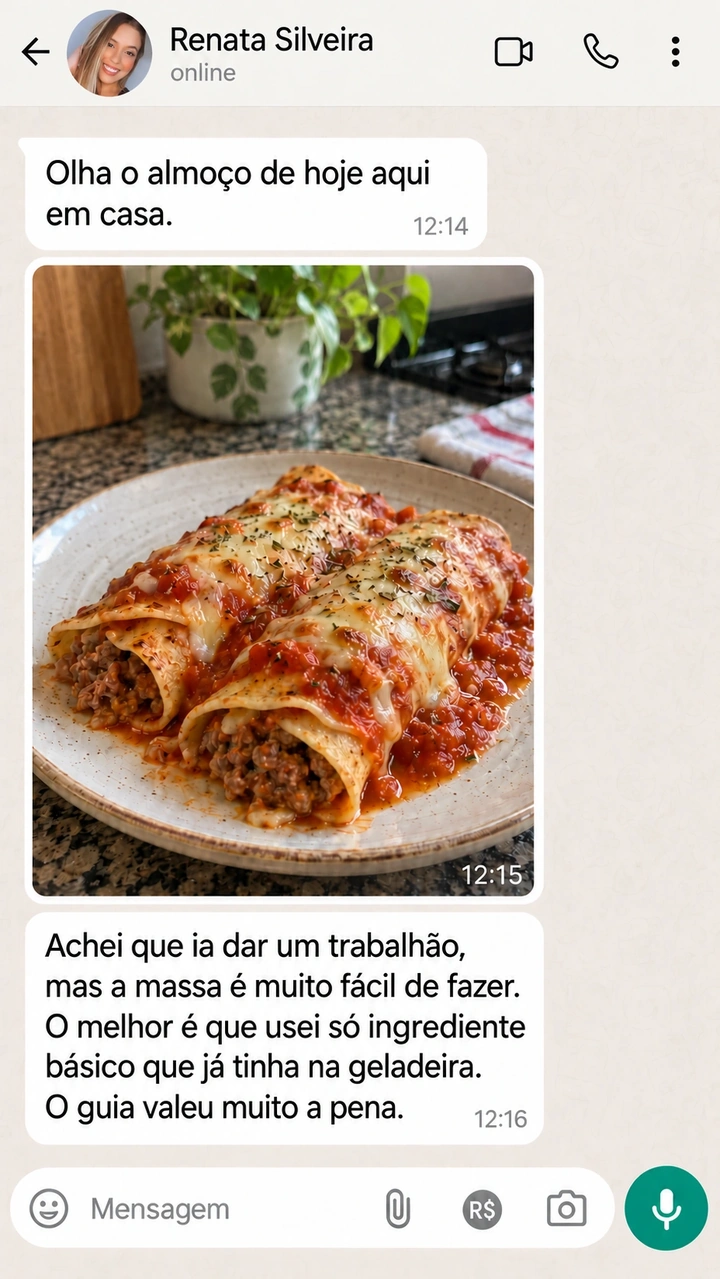 Conversa ilustrativa de Renata Silveira sobre panquecas de carne com molho de tomate e queijo