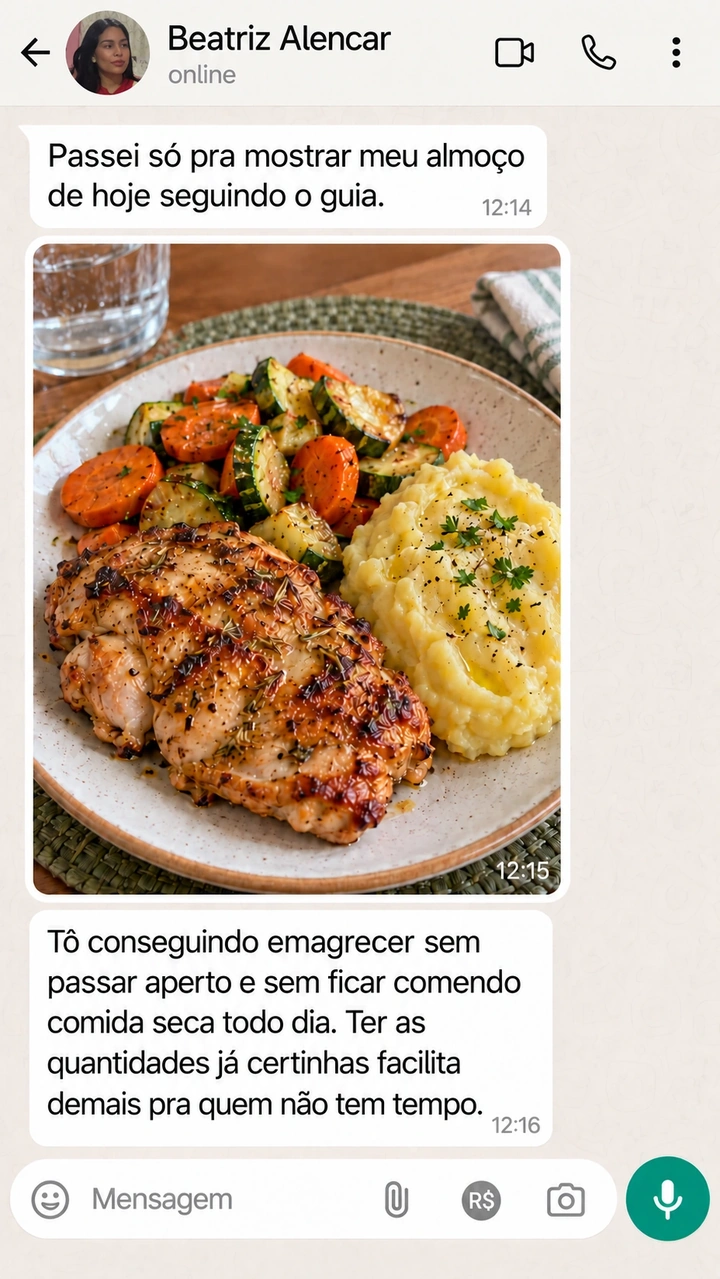 Conversa ilustrativa de Beatriz Alencar sobre sobrecoxa grelhada com legumes e purê
