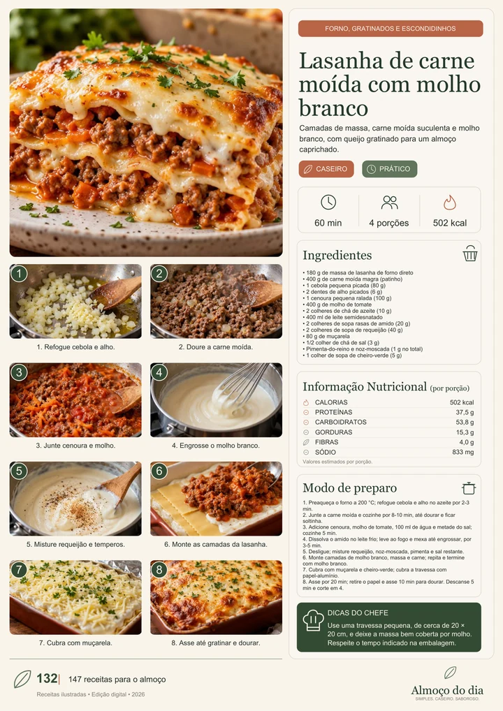 Ficha da receita: Lasanha de carne moída com molho branco