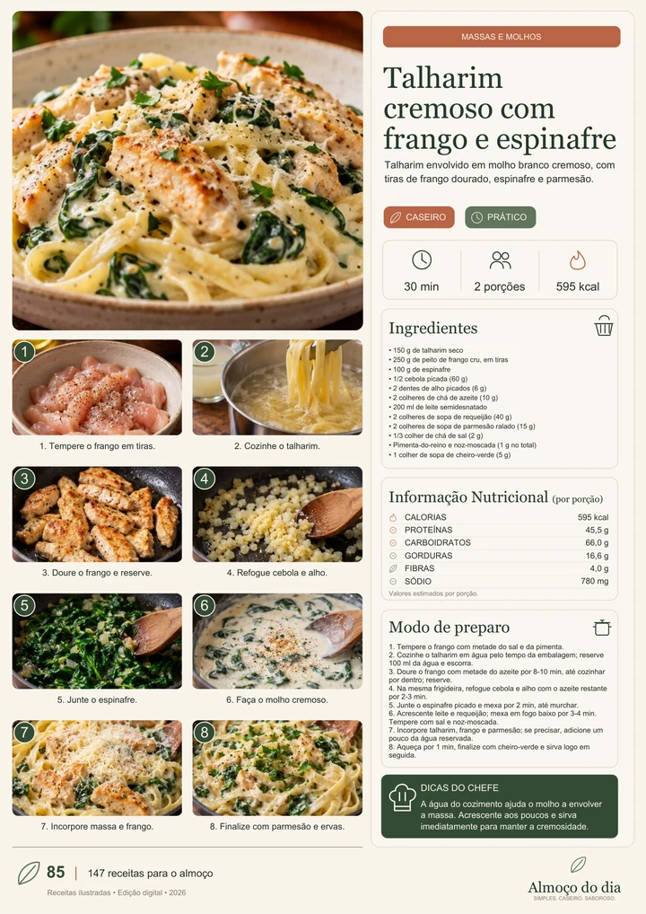 Ficha da receita: Talharim cremoso com frango e espinafre